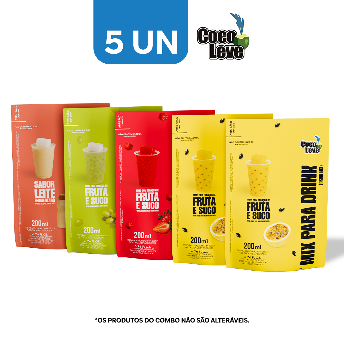 Kit Mix Para Drinks Coco Leve 200ml: 2un Maracujá + 1un Morango + 1un Uva Verde + 1un Leite Fermentado