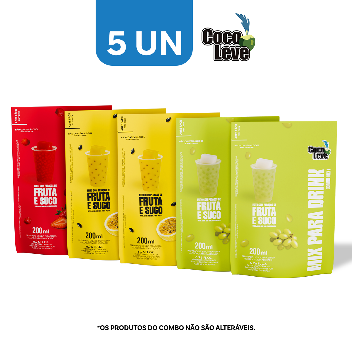 Kit Mix Para Drinks Coco Leve 200ml: 2un Uva Verde + 2un Maracujá + 1un Morango