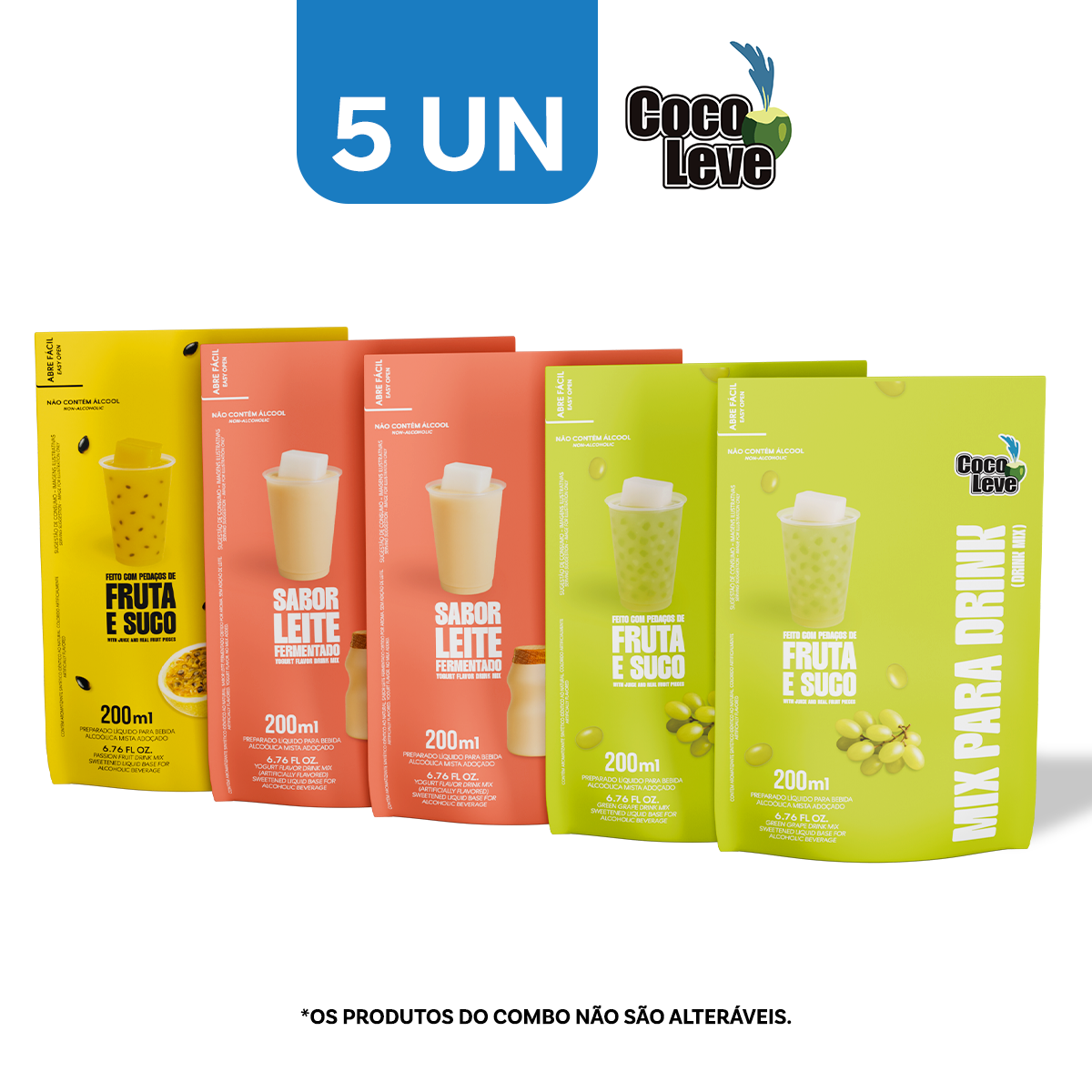 Kit Mix Para Drinks Coco Leve 200ml: 2un Uva Verde +2un Leite Fermentado + 1un Maracujá