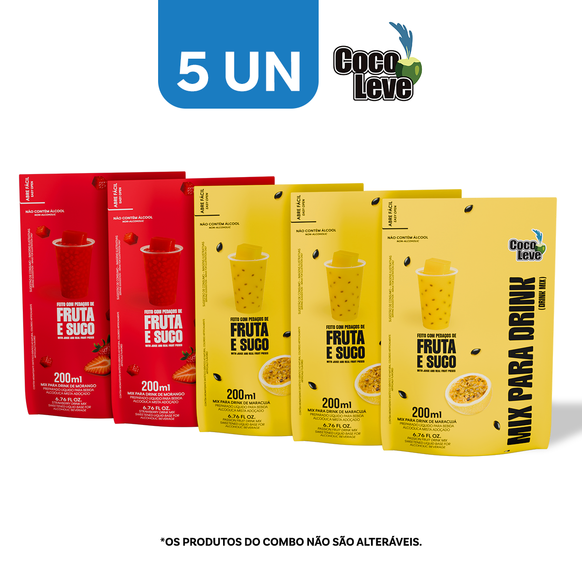 Kit Mix Para Drinks Coco Leve 200ml: 3un Maracujá + 2un Morango