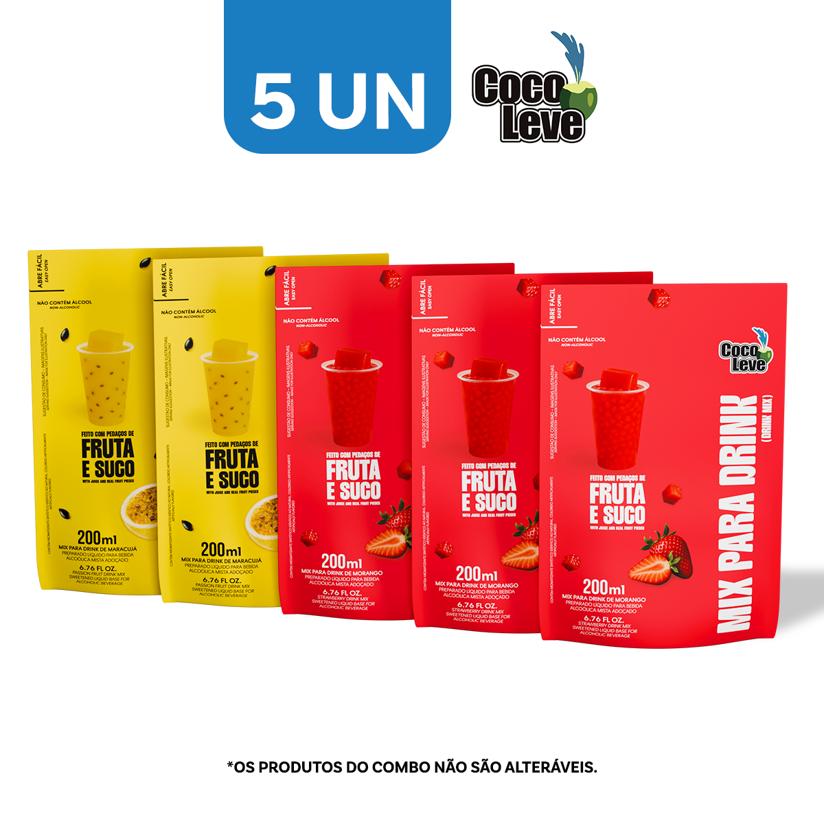 Kit Mix Para Drinks Coco Leve 200ml: 2un Maracujá + 3un Morango