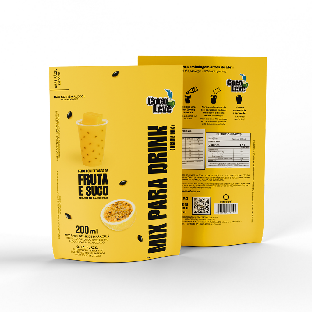 Kit Mix Para Drinks Coco Leve 200ml: 2un Maracujá + 1un Morango + 1un Uva Verde + 1un Leite Fermentado