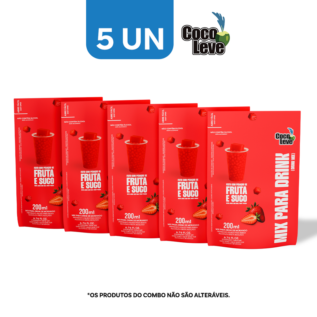 Kit Mix Para Drink De Morango Coco Leve 200ml 5 Unidades