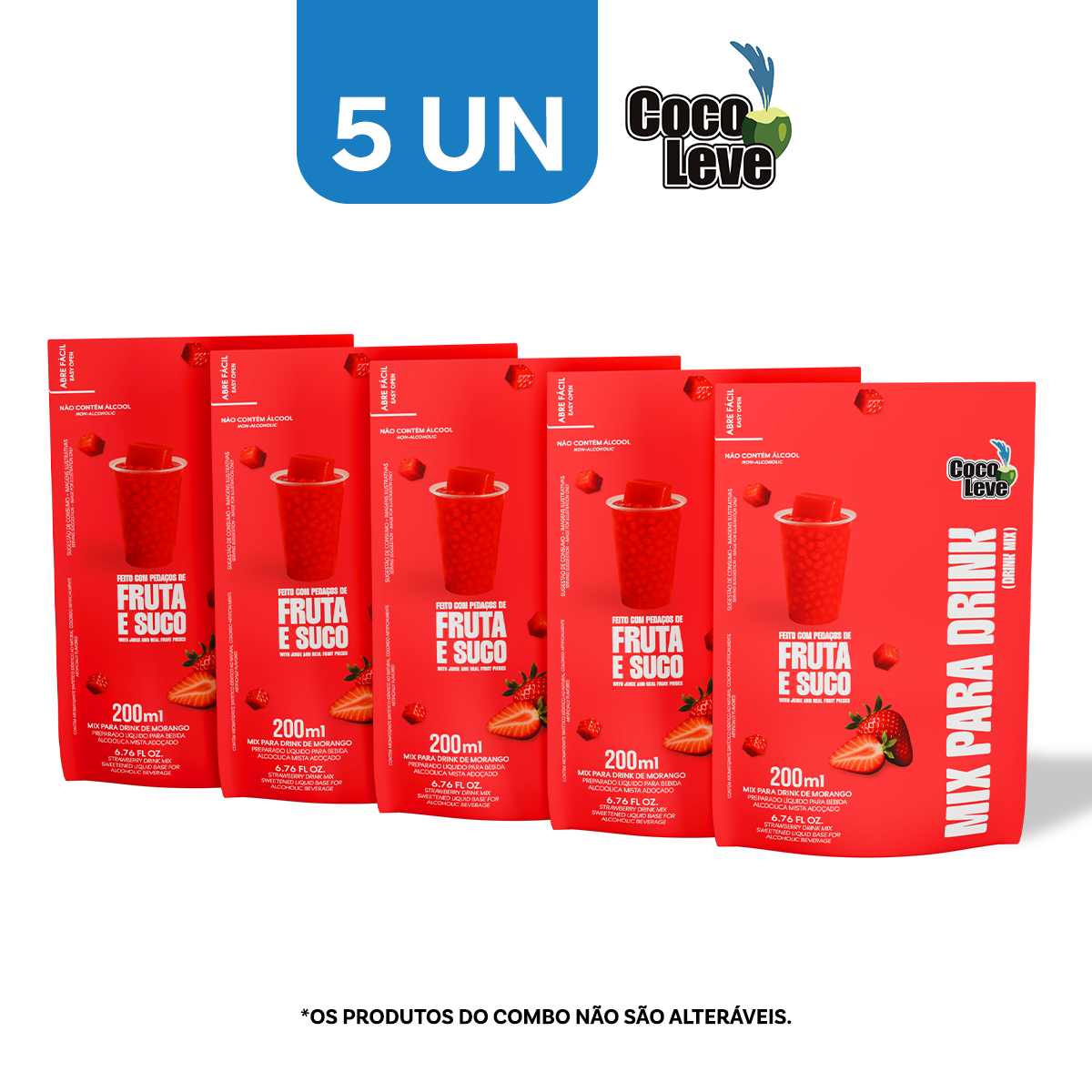 Kit Mix Para Drink De Morango Coco Leve 200ml 5 Unidades
