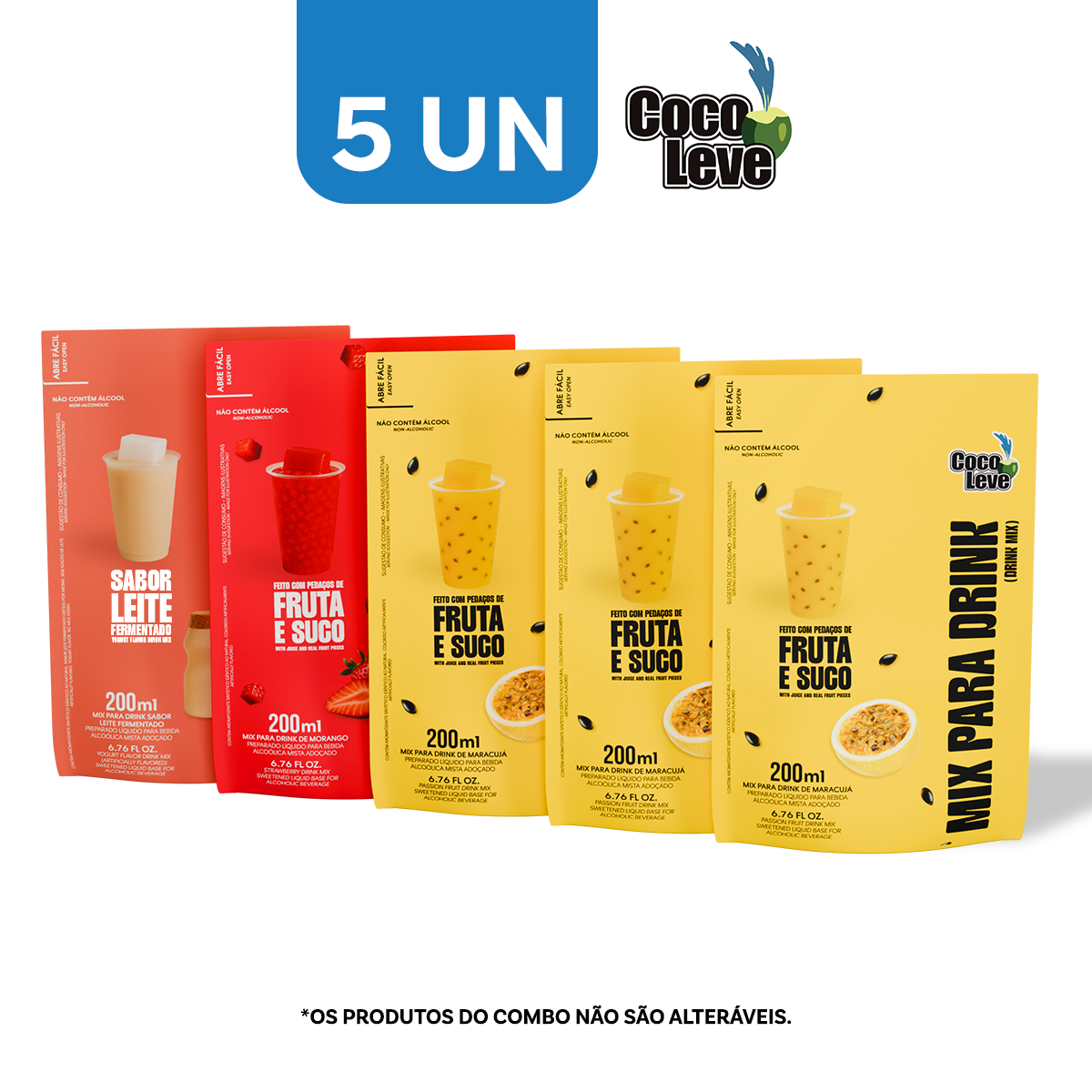Kit Mix Para Drinks Coco Leve 200ml: 3un Maracujá  + 1un Leite Fermentado + 1un Morango
