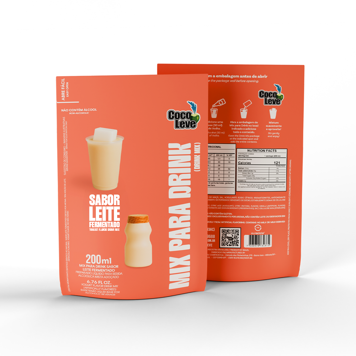 Kit Mix Para Drinks Coco Leve 200ml: 1un Leite Fermentado + 2un Morango + 2un Maracujá