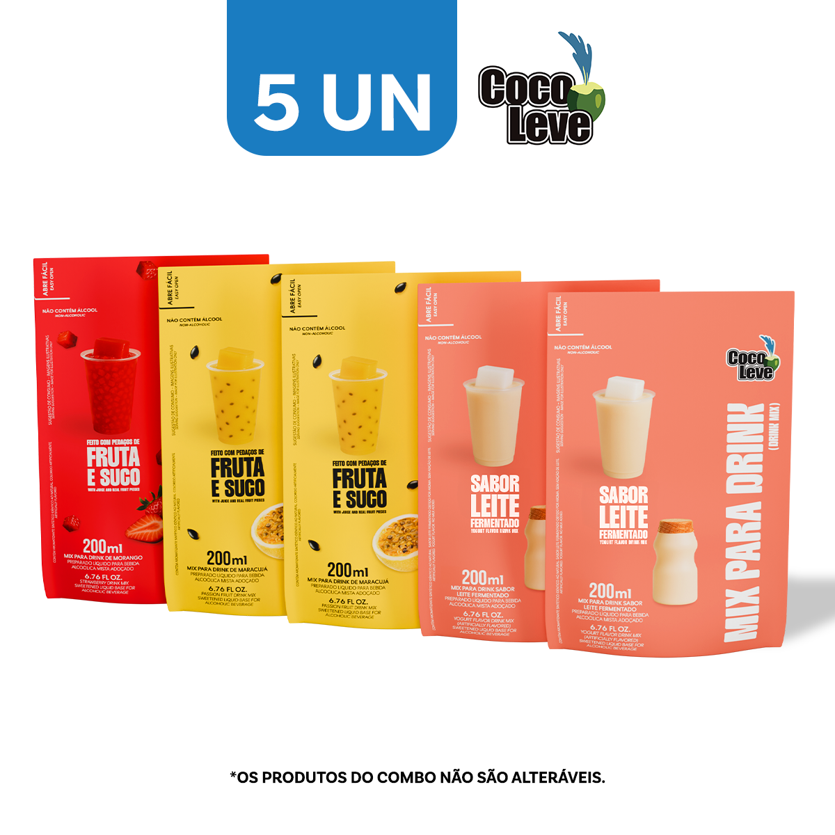Kit Mix Para Drinks Coco Leve 200ml: 2un Leite Fermentado  + 1un Morango + 2un Maracujá
