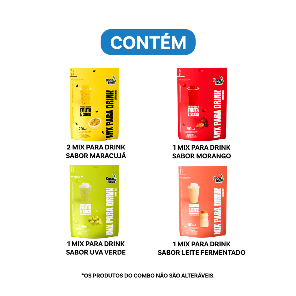 Kit Mix Para Drinks Coco Leve 200ml: 2un Maracujá + 1un Morango + 1un Uva Verde + 1un Leite Fermentado