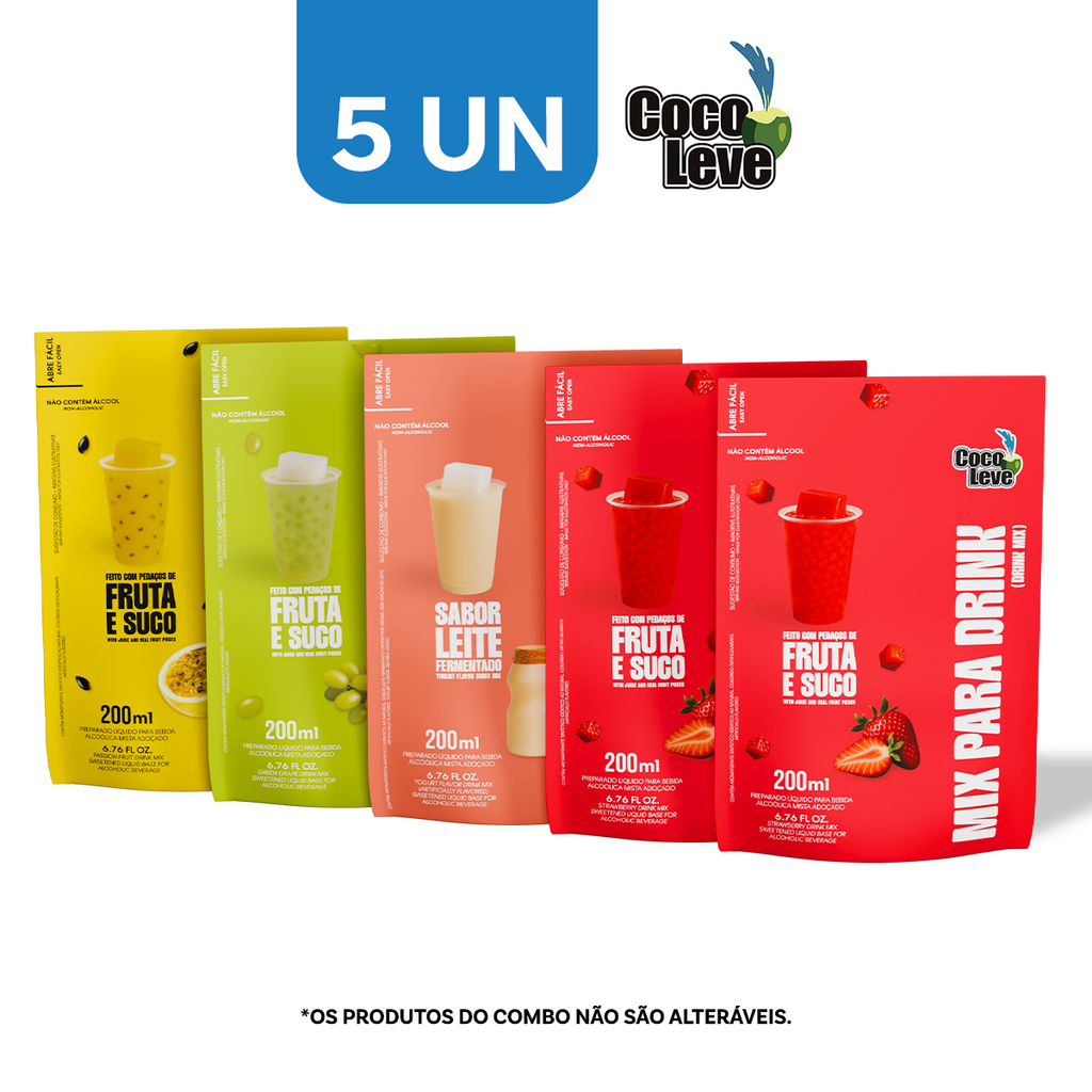 Kit Mix Para Drinks Coco Leve 200ml: 2un Morango+ 1un Uva Verde + 1un Leite Fermentado + 1un Maracujá