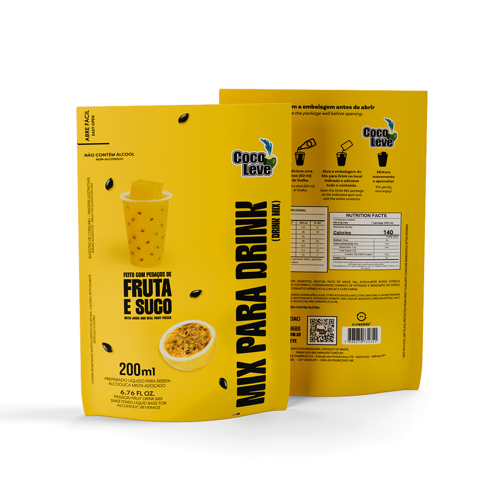 Kit Mix Para Drinks Coco Leve 200ml: 2un Morango+ 1un Uva Verde + 1un Leite Fermentado + 1un Maracujá
