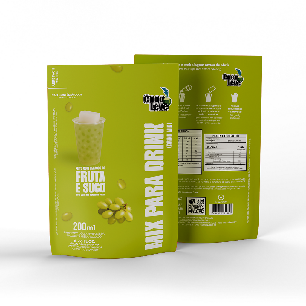 Kit Mix Para Drinks Coco Leve 200ml: 2un Uva Verde + 2un Maracujá + 1un Morango