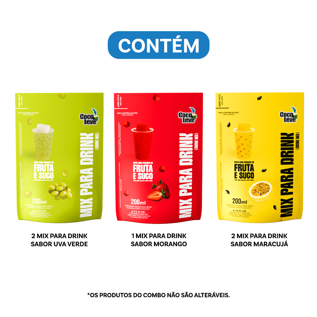 Kit Mix Para Drinks Coco Leve 200ml: 2un Uva Verde + 2un Maracujá + 1un Morango