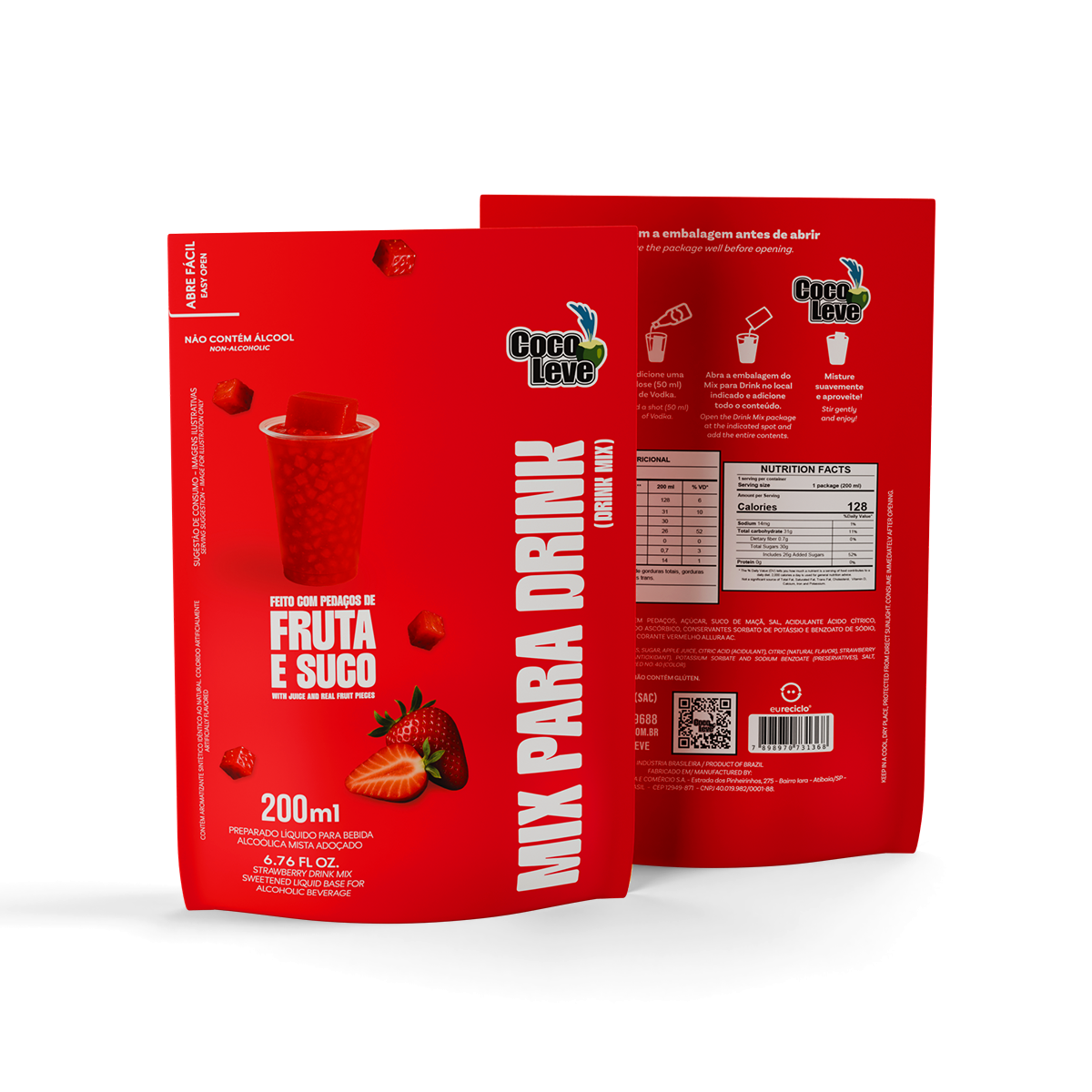 Kit Mix Para Drinks Coco Leve 200ml: 2un Uva Verde + 2un Maracujá + 1un Morango