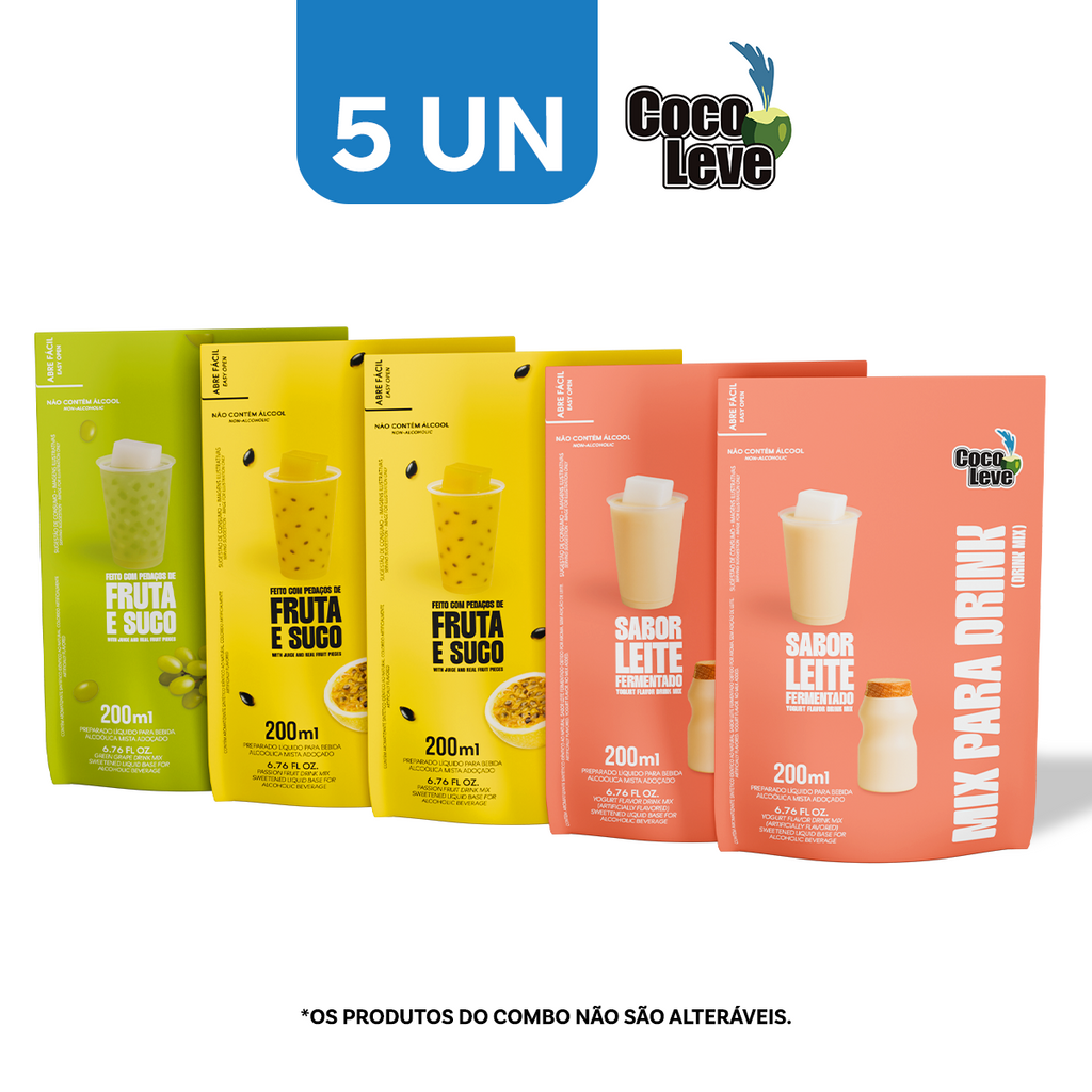 Kit Mix Para Drinks Coco Leve 200ml: 2un Maracujá +2un Leite Fermentado + 1un Uva Verde
