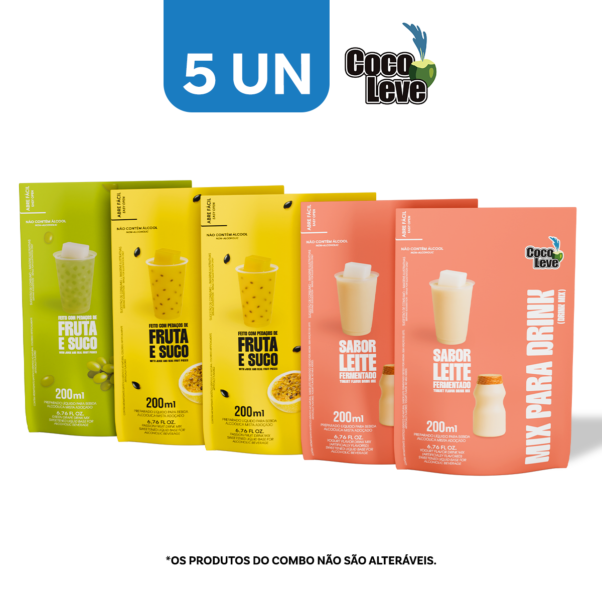 Kit Mix Para Drinks Coco Leve 200ml: 2un Maracujá +2un Leite Fermentado + 1un Uva Verde