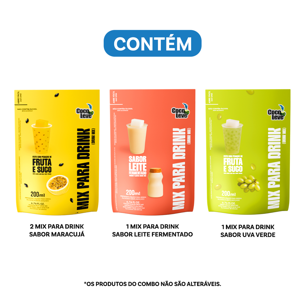 Kit Mix Para Drinks Coco Leve 200ml: 2un Maracujá +2un Leite Fermentado + 1un Uva Verde