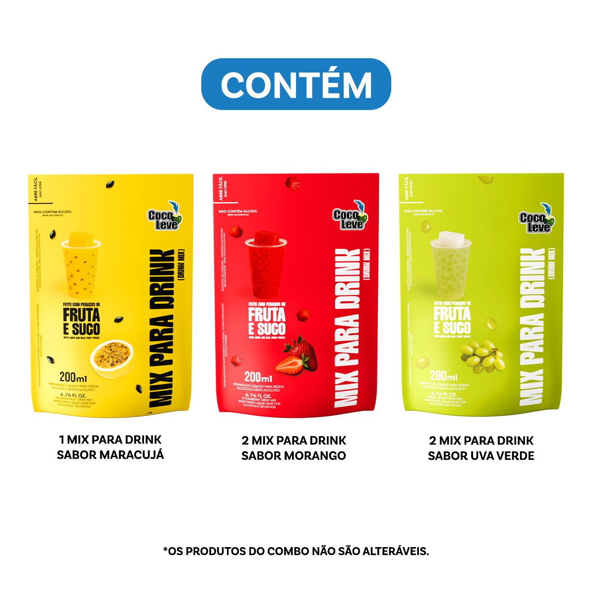 Kit Mix Para Drinks Coco Leve 200ml: 2un Uva Verde  +2un Morango + 1un Maracujá